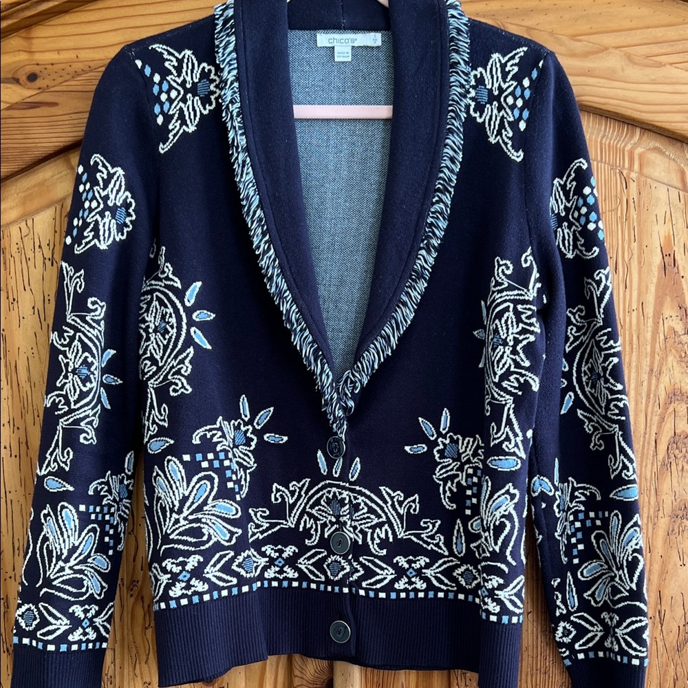 Chico's Navy Blue Embroidered Chico’s adorable sweater